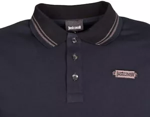 Just Cavalli Mens Navy Blue Stretch Embfoidered Logo SS Polo Shirt NWT L $209 - Picture 1 of 5