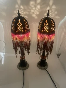 Vintage Beaded Brushed Bronze Copper Boudoir Boho Night Light Pair Lamps Read - Picture 1 of 24