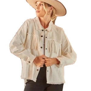 Savanna Jane women’s Small Denim Jacket White Fringe Boho Cowgirl Oversized - Picture 1 of 5