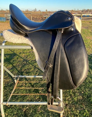 Used 16" black leather English dressage saddle w/fittings, pad - Image 1 of 4
