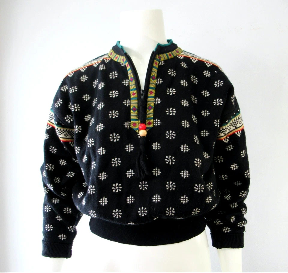 Vintage 80s Obermeyer Boho Bead Zip Nordic Cropped Pullover Wool Blend Sweater S - Image 1 of 4