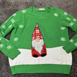Merry Christmas POOF New York Fuzzy green Sweater, gnome/ snow and snowflakeSz L - Picture 1 of 5