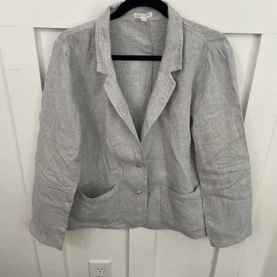 Women’s Eileen Fisher Silver Metallic 2 Button Blazer-Large-97% Linen-Pockets - Image 1 of 4