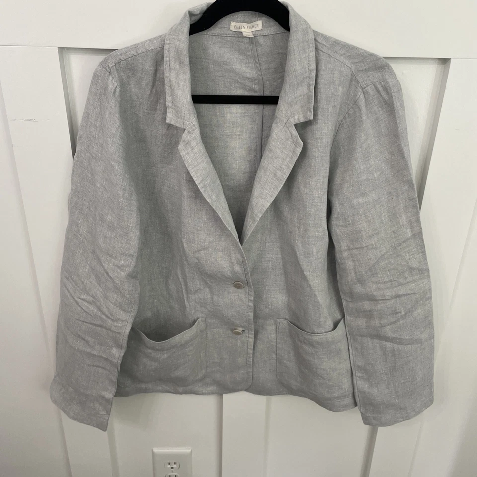 Women’s Eileen Fisher Silver Metallic 2 Button Blazer-Large-97% Linen-Pockets - Image 1 of 4