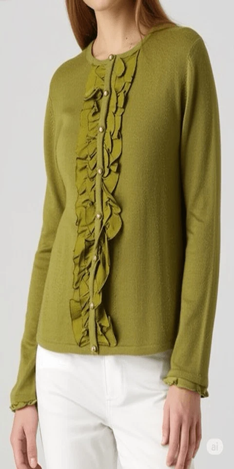 Cárdigan Ellen Tracy Cachemir Volantes Botón Delantero Talla S Verde Foto 1 de 4