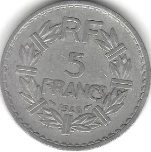 1946, France 5 Francs coin, large coin, circulated (COIN, MONEY, COLLECTIBLE) - Picture 1 of 2