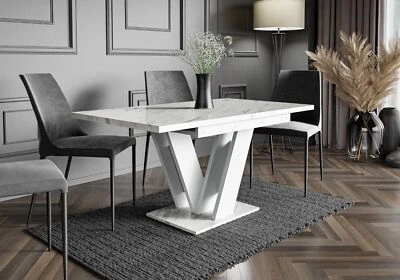 Extendable Table 120-160x80cm Kitchen White Marble Effect Masiv - Image 1 of 4