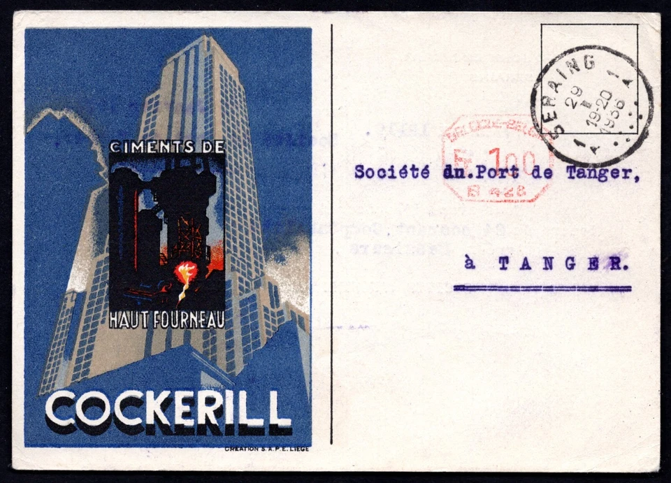 BELGIUM 1936 ADVERTISING COCKERILL CARD SERAING TO TANGIER SOLITE JOHN COCKERIL - Image 1 of 2