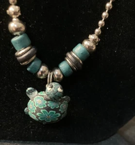 CHAIN AND PENDANT: CUTE BLUE BLACK GREEN AQUA COLOUR WOOD-LIKE TURTLE NECKLACE - Picture 1 of 7