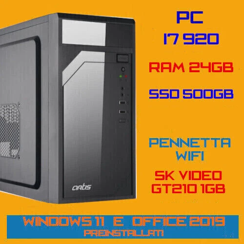 COMPUTER PC CPU INTEL i7-920 Ram 24GB SSD500GB GT210-1GB Wpen Win11+Office - Immagine 1 di 1
