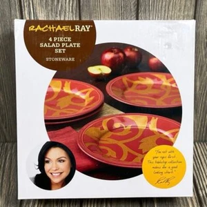Rachael Ray 4 Piece Salad Plate Stoneware Gold Scroll Cranberry Red 8" Dinner - Picture 1 of 6