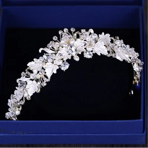 4cm Tall White Leaf Pearl Crystal Gold Tiara Crown Wedding Prom Queen For Women - Picture 1 of 9