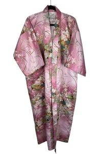 MITSUKIKU Pink Floral Print Kimono Robe Japan Oriental Asian Long Vintage Satin - Picture 1 of 12