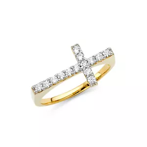14k Yellow White Real Gold Religious Cross Prong Fashion Fancy Jesus Ring Band - Picture 1 of 1