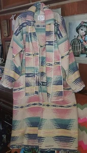 Vintage PINK & Multicolor Striped Wool Blanket Coat With Scarf Wonderful! - Picture 1 of 9