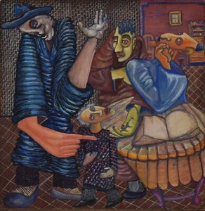 PAUL SHIMON-NY Modernist-Original Signed Gouache-Surreal Figures and Interior - Picture 1 of 9