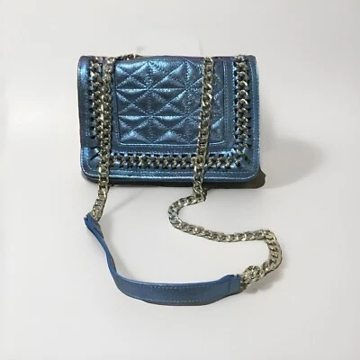 Zara 女士山羊皮革链条斜挎包绗缝金属蓝色 — 第 1/4 张图片