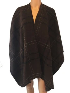Cato Size Medium Brown Fuzzy Warm Cape Poncho Shawl Dashed Line Pattern - Picture 1 of 5