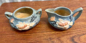 Vintage Roseville Pottery Blue Magnolia Pattern Creamer & Sugar Bowl - Picture 1 of 8
