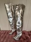 Vintage Shiny Silver Faux Animal Print Thigh High Boots 1980’s  US Size 7.5