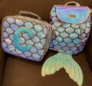 JUSTICE MINI BACKPACK & LUNCHBOX INITIAL (A,C,J) MERMAID SHIMMERING SEQUINS WOW - Picture 1 of 2