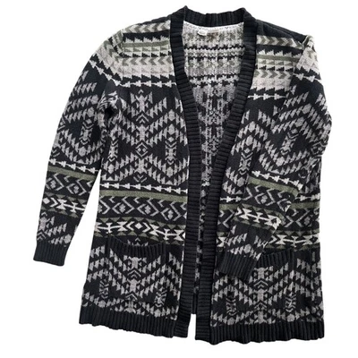 Cárdigan Suéter Roxy XS/S Negro Verde Gris Azteca Boho Tejido Geométrico Frente Abierto Foto 1 de 4