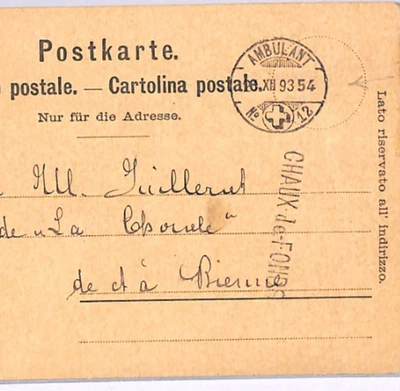 SWITZERLAND RAILWAY Card *AMBULANT #12* (TRAIN) 54 TPO 1893 CHAUX-DE-FONDS XV129 - Image 1 of 4