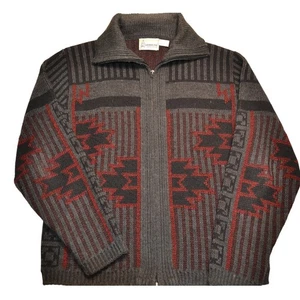 London Fog Aztec Sweater Mens L Full Zip Knit Mock Neck Gray Maroon Acrylic - Picture 1 of 6