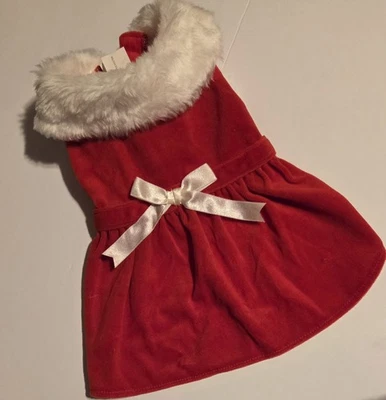 Dog Pet Christmas Dress Red Size XS X-Small Faux Fur White Bow Soft Velvet Feel - Image 1 of 4