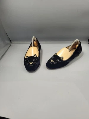 Charlotte Olympia Kitty Black Velvet Flats UK 7 EU 40 Cat Ballet Pumps Shoes - Image 1 of 4