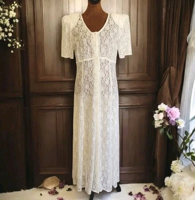 90s Vintage All That Jazz  Ivory Lace Dress Clear Button Down Unlined Sheer  - Image 1 of 4