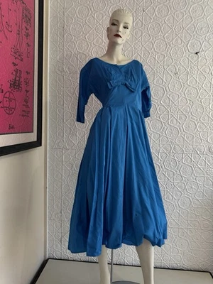 vintage 1940s Tafetta Blue dress-Rockabilly-Retro-Midi/Daydress-Dance - Image 1 of 4