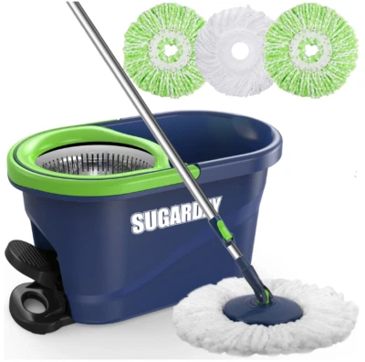 SUGARDAY Spin Mop and Bucket with Wringer Set for Floors Cleaning Heavy duty Sys