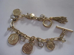 5 Gold Plated Coin Charms on Gold Tone Chain Link Bracelet w Toggle Clasp 1961 - Picture 1 of 9