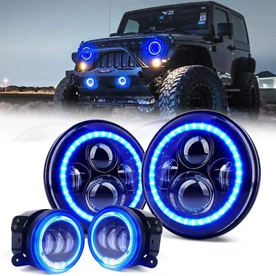 Blue Halo 7" LED Headlights DRL + 4" Fog Combo Kit For Jeep Wrangler JK 2007-18 - Image 1 of 4