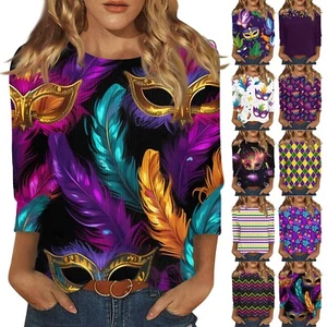 Women's Fashion Casual Round Neck Three Quarter Sleeve Printed T-Shirt Top - Picture 1 of 42