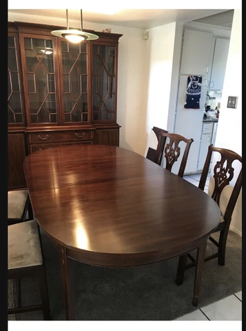 Vintage Henkel Harris Mahogany Wood Dining Table, Chairs, & China Cabinet Set Cover