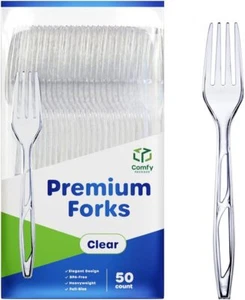 50 Heavyweight Disposable Forks - Clear Plastic Cutlery for Parties, Events - Picture 1 of 6