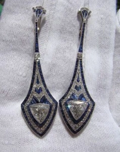 13.50ct White & Blue Simulated Sapphire Art Deco 935 Silver Wedding Earrings - Picture 1 of 5