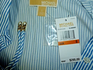 NEU Michael Kors Hemdblusenkleid Größe S Blaubeerstreifen goldfarben Kettengürtel 295 $. - Bild 1 von 13