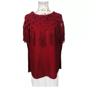 Vintage Alpaca Poncho Cape Cloak Boho Fringe Burgundy One Size Heavyweight - Picture 1 of 9