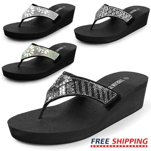 Women Rhinestone Platform Wedge Heel Flip Flop Thong Summer Beach Sandals - Picture 1 of 30