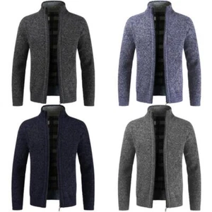 Ex-Brand Mens Zip Up Thick Winter Fleece Lined Knitted Cardigan Jumper Cardigan - Picture 1 of 12