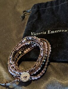 Victoria Emerson Wrap Bracelet Silver Skulls Pink Beads Brown Leather with Bag