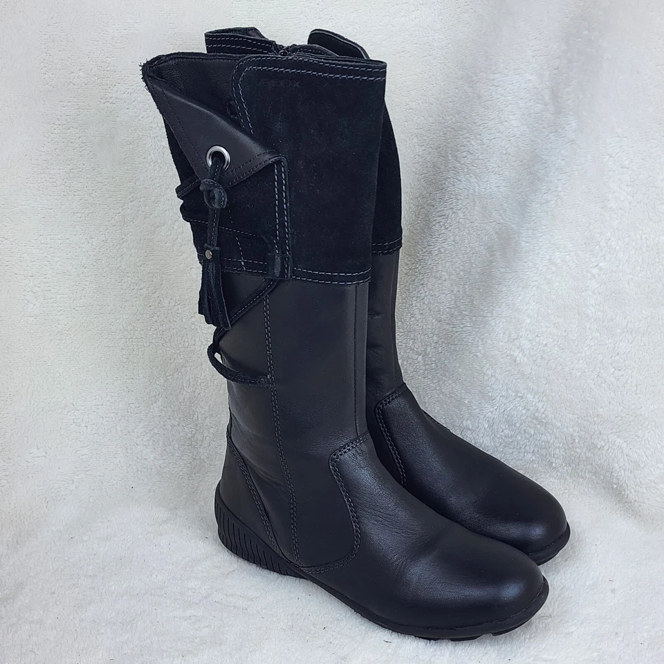 Geox Youth Black Suede Leather Zip Straps Mid Calf Comfort Winter Boots Size 3 - Image 1 of 4