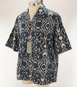 OFFICINE GENERALE Navy EREN Ikat Print Short Sleeve Cotton Camp Shirt XL NWT - Picture 1 of 2