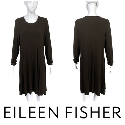 Vestido Eileen Fisher Talla L Marrón Cuello Redondo Viscosa Tejido Lagenlook Minimalista F4VH Foto 1 de 4