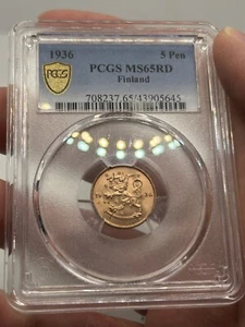 1936 Finland 5 Pennia, KM#22, PCGS MS-65 RED * Top Pop 1/0! Rare World Coin**£ - Picture 1 of 10