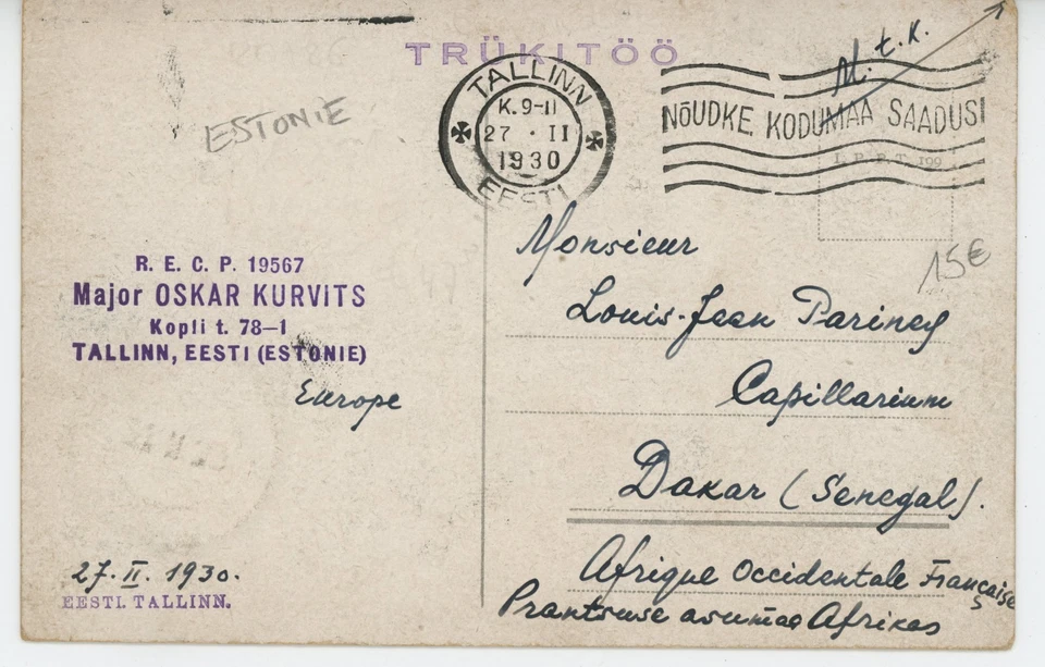 RARE DESTINATION 1919 TALLIN-ESTONIA TO DAKAR-SENEGAL-AFRICA 4P POSTAL CARD - Image 1 of 2