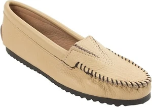 MINNETONKA NWOB Deerskin Gore Front Moccasin Beige Pebbled Leather Size 11 - Picture 1 of 7